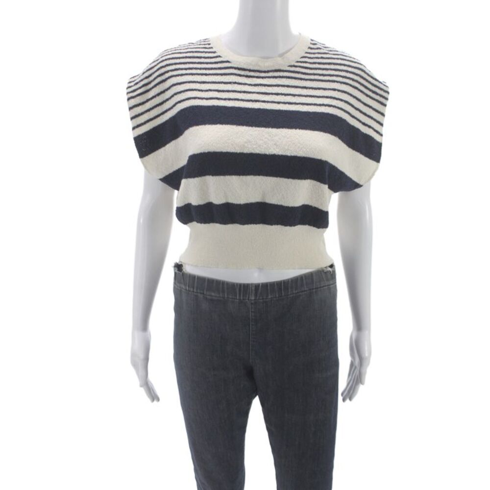 Zara Women Black Striped Crew Neck Short Sleeve Pullover Sweater Size S